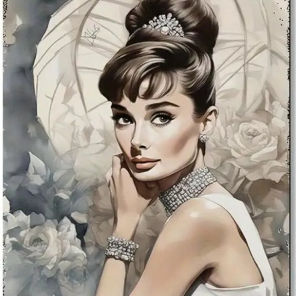 Audrey Hepburn Vintage Glam Metal Tin Wall Art Decor Sign Poster 8x12"